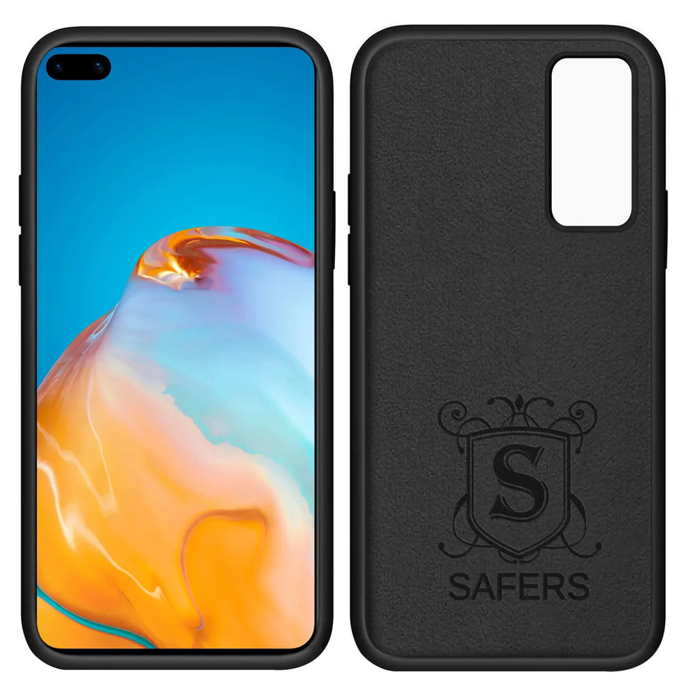 Huawei P40 mit schwarzer Silikonhülle, Vorder- und Rückseite, Mikrofaser innen.