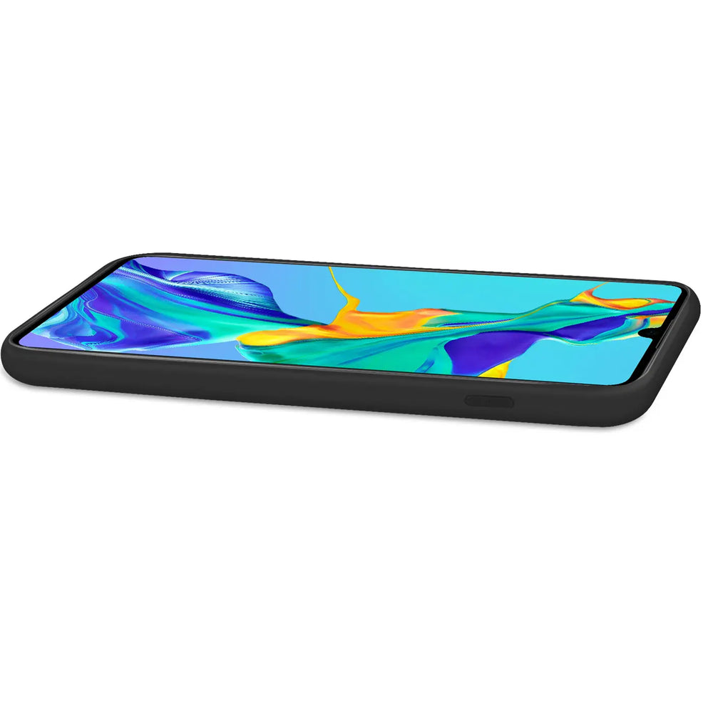 Schwarze Silikonhülle mit Mikrofaserfutter für Huawei P40, Seitenansicht.