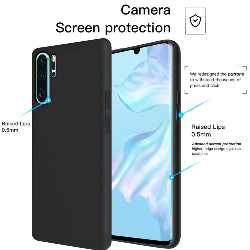 Schwarze Silikonhülle mit Mikrofaser-Innenfutter für Huawei P40, Seitenansicht.