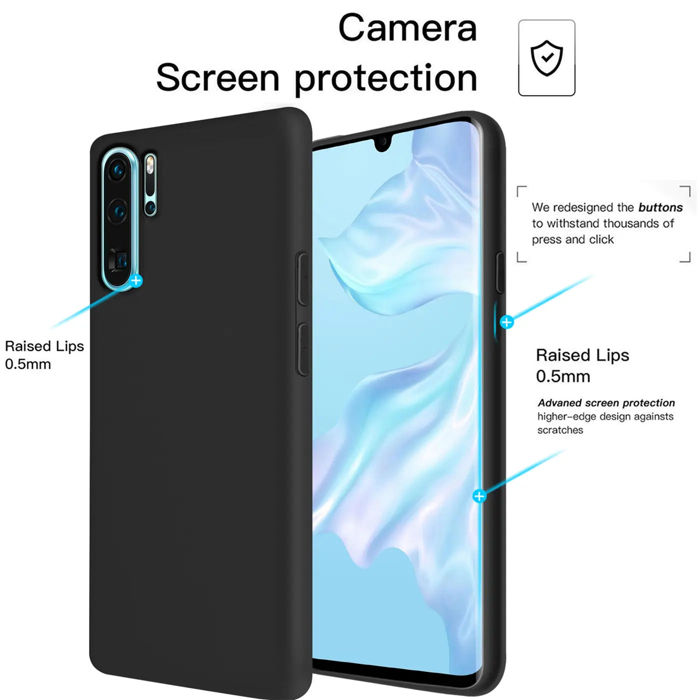 Schwarze Silikonhülle mit Mikrofaser-Innenfutter für Huawei P40, Seitenansicht.