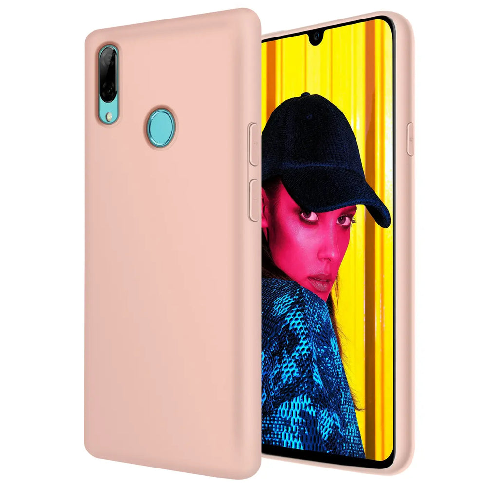 Rosa Silikonhülle für Huawei P Smart 2019, von vorne links, mit Fingerabdrucksensor.