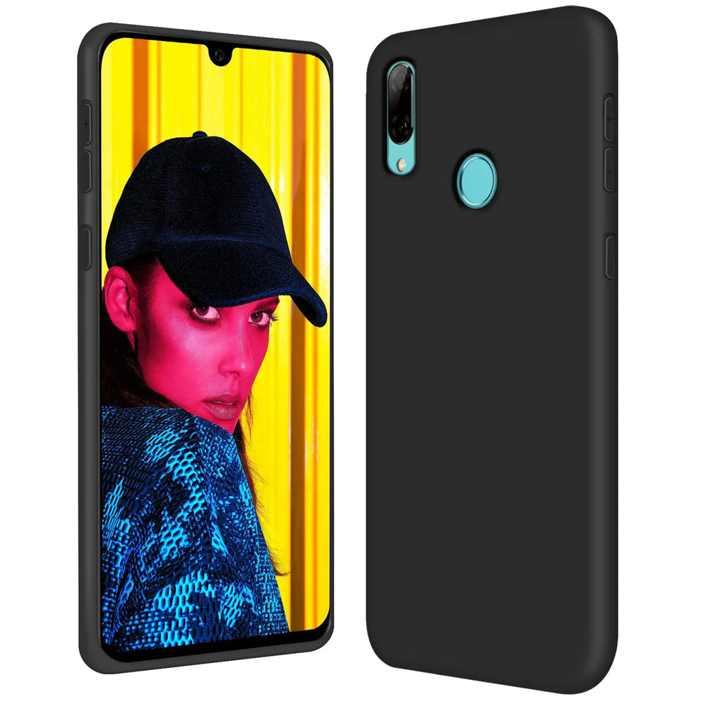 Schwarze Silikonhülle für Huawei P Smart 2019, Rückansicht, Mikrofaser, von schräg oben