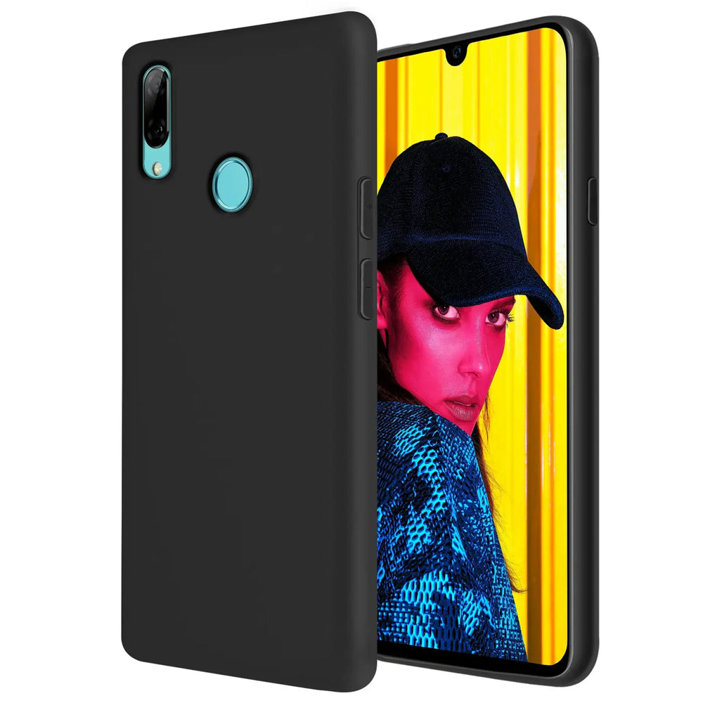 Schwarze Silikonhülle mit Mikrofaser-Innenfutter für Huawei P Smart 2019, von vorne links gezeigt.