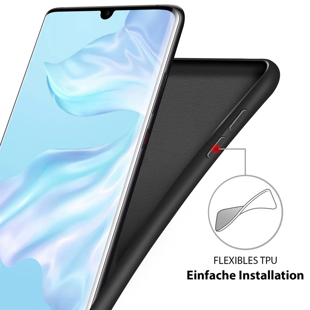 Schwarze Silikonhülle mit Mikrofaser-Innenfutter, seitliche Ansicht, Huawei P Smart 2019.