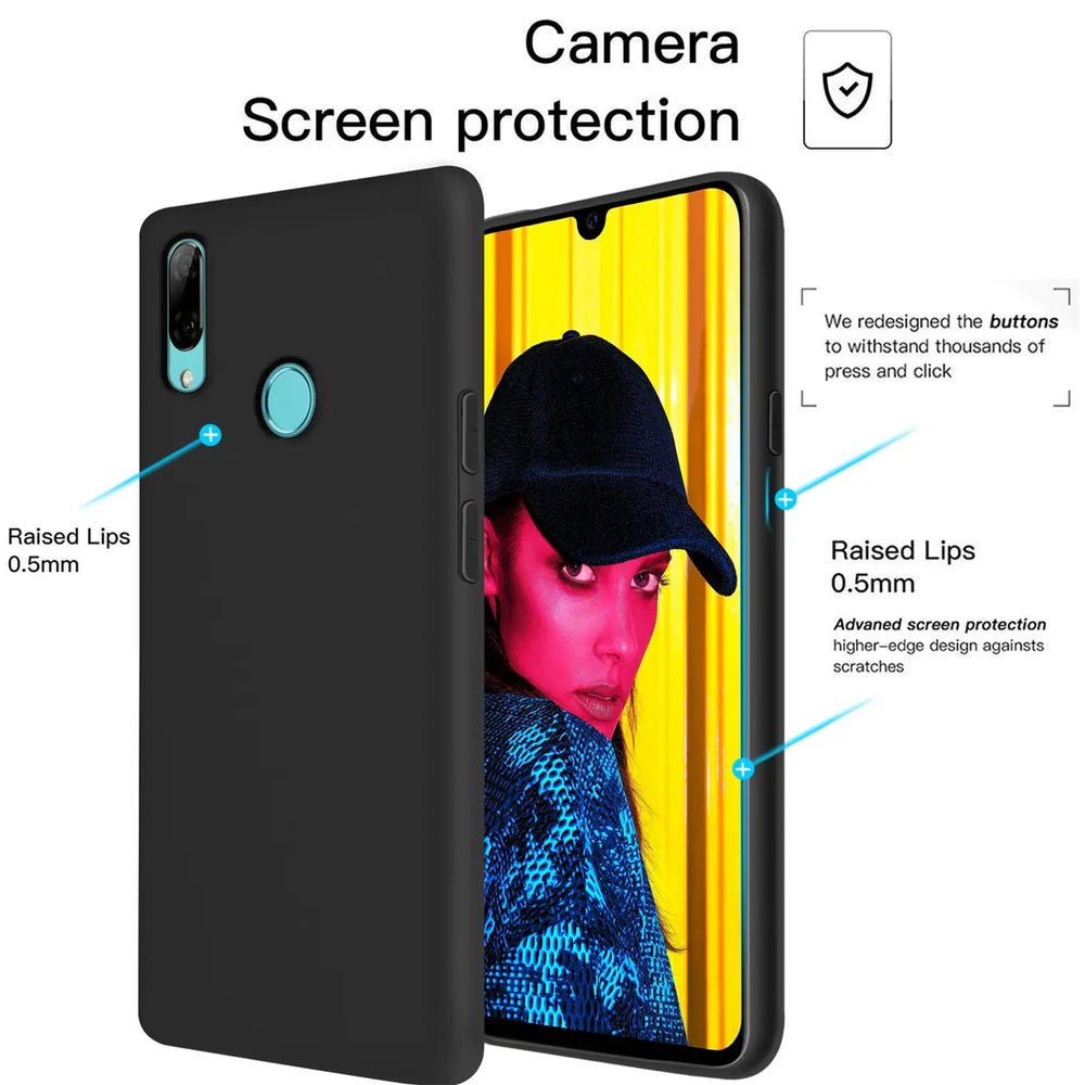 Schwarze Silikonhülle für Huawei P Smart 2019, Vorderansicht, mit abgebildetem Smartphone.