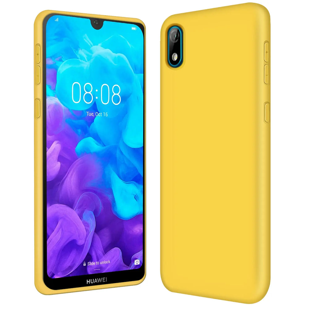 Gelbe Silikonhülle für Huawei Y5 2019, von vorne und von der Seite gezeigt.