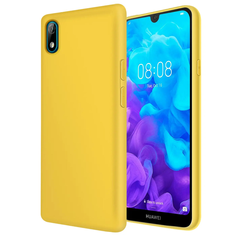 Gelbe Silikonhülle mit Mikrofaser-Innenfutter für Huawei Y5 2019, von vorne links gezeigt.