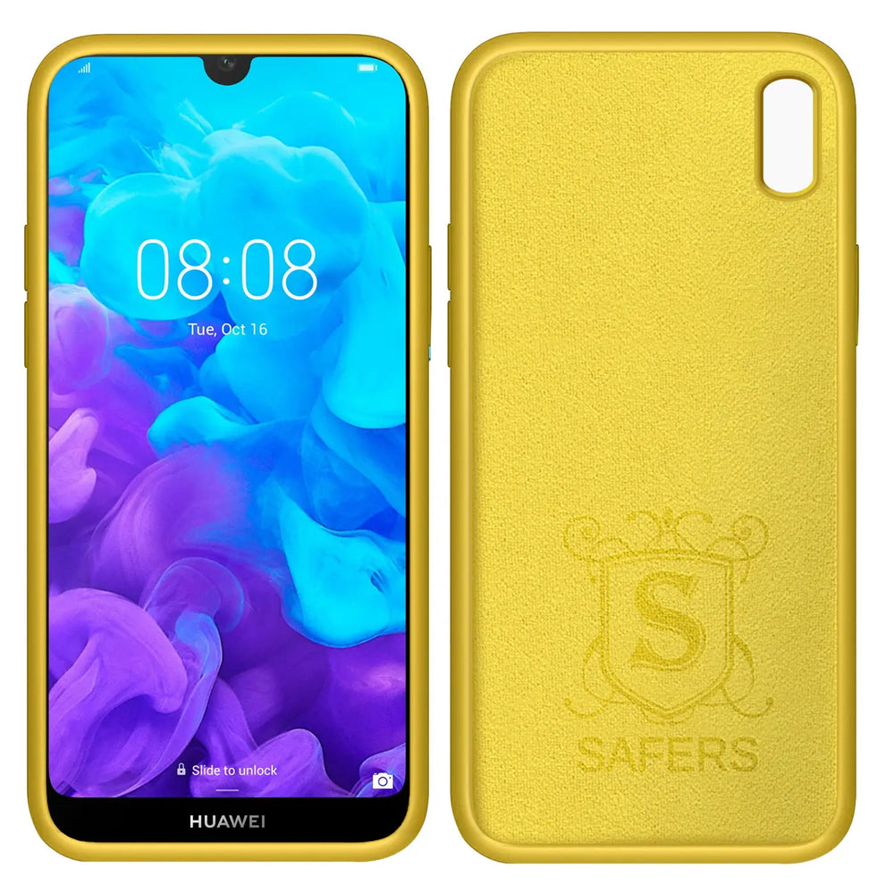 Gelbes Silikon-Case für Huawei Y5 2019, Vorder- und Rückansicht.