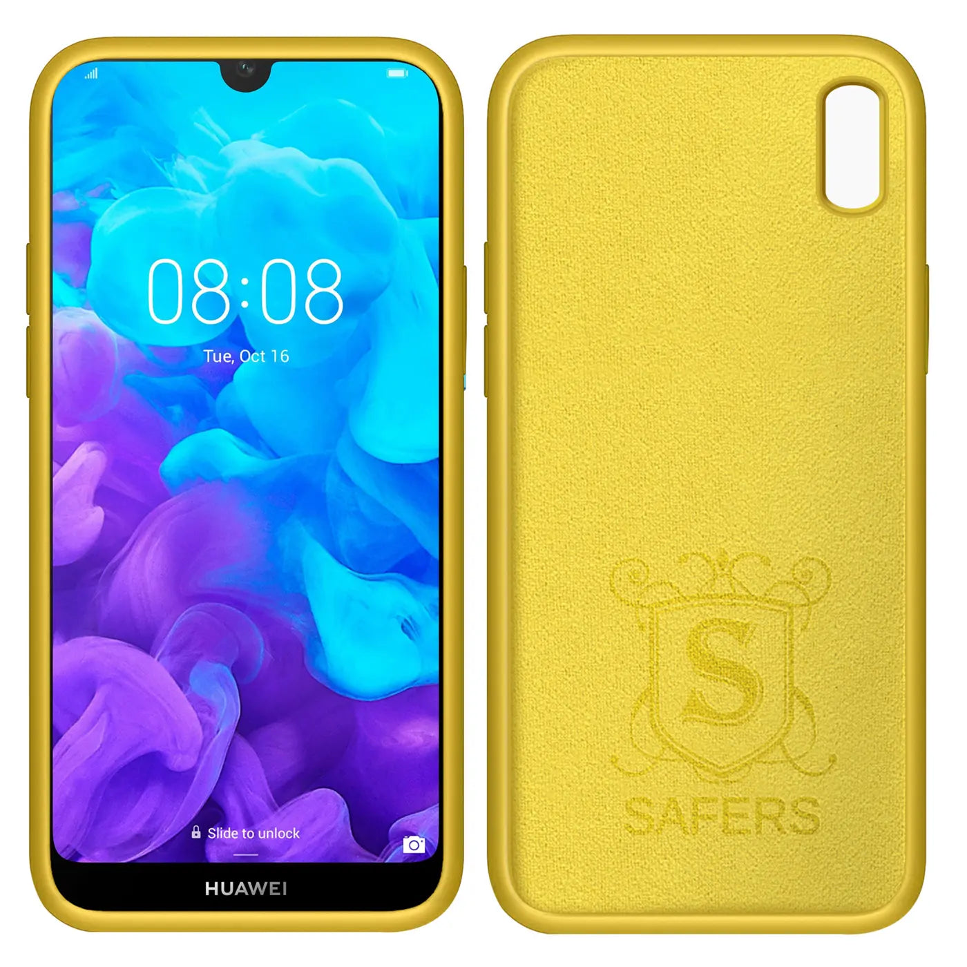 Gelbes Silikon-Case für Huawei Y5 2019, Vorder- und Rückansicht.