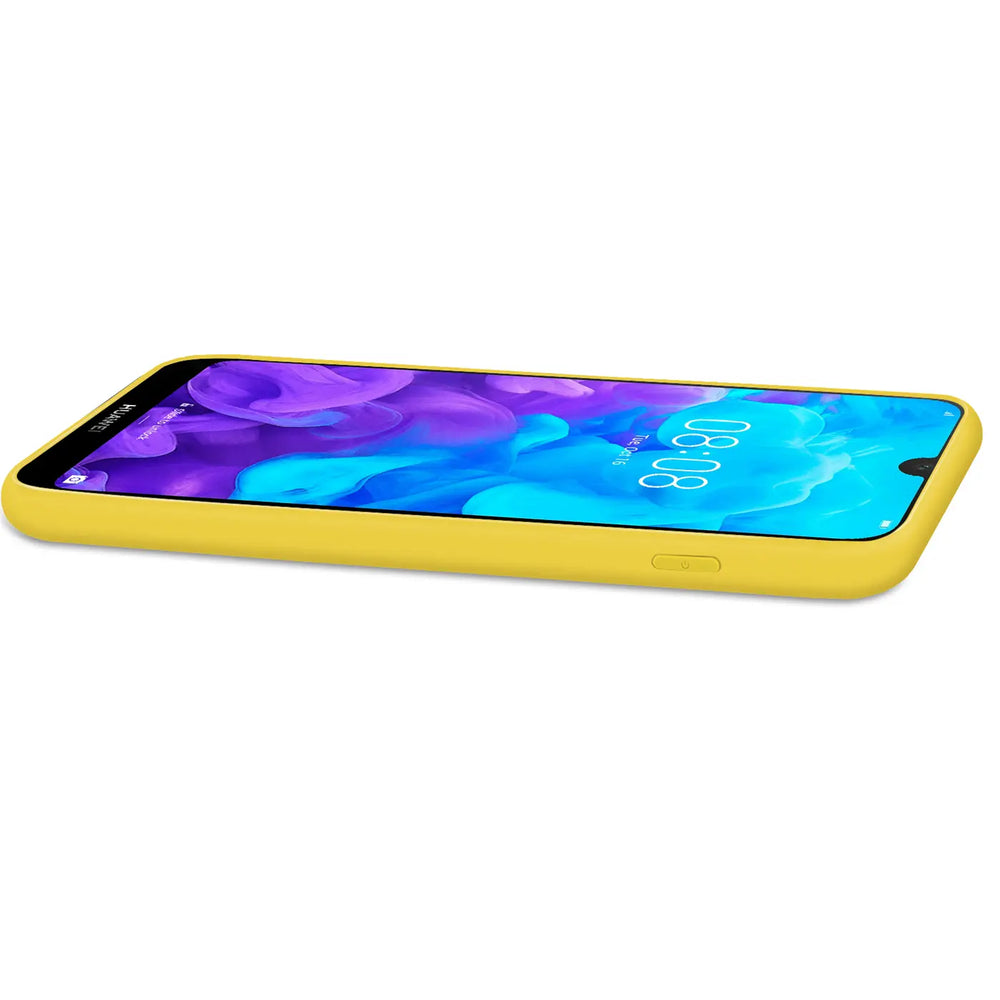 Gelbe Silikonhülle mit Mikrofaser-Innenfutter, seitliche Ansicht, zeigt Huawei Y5 2019.