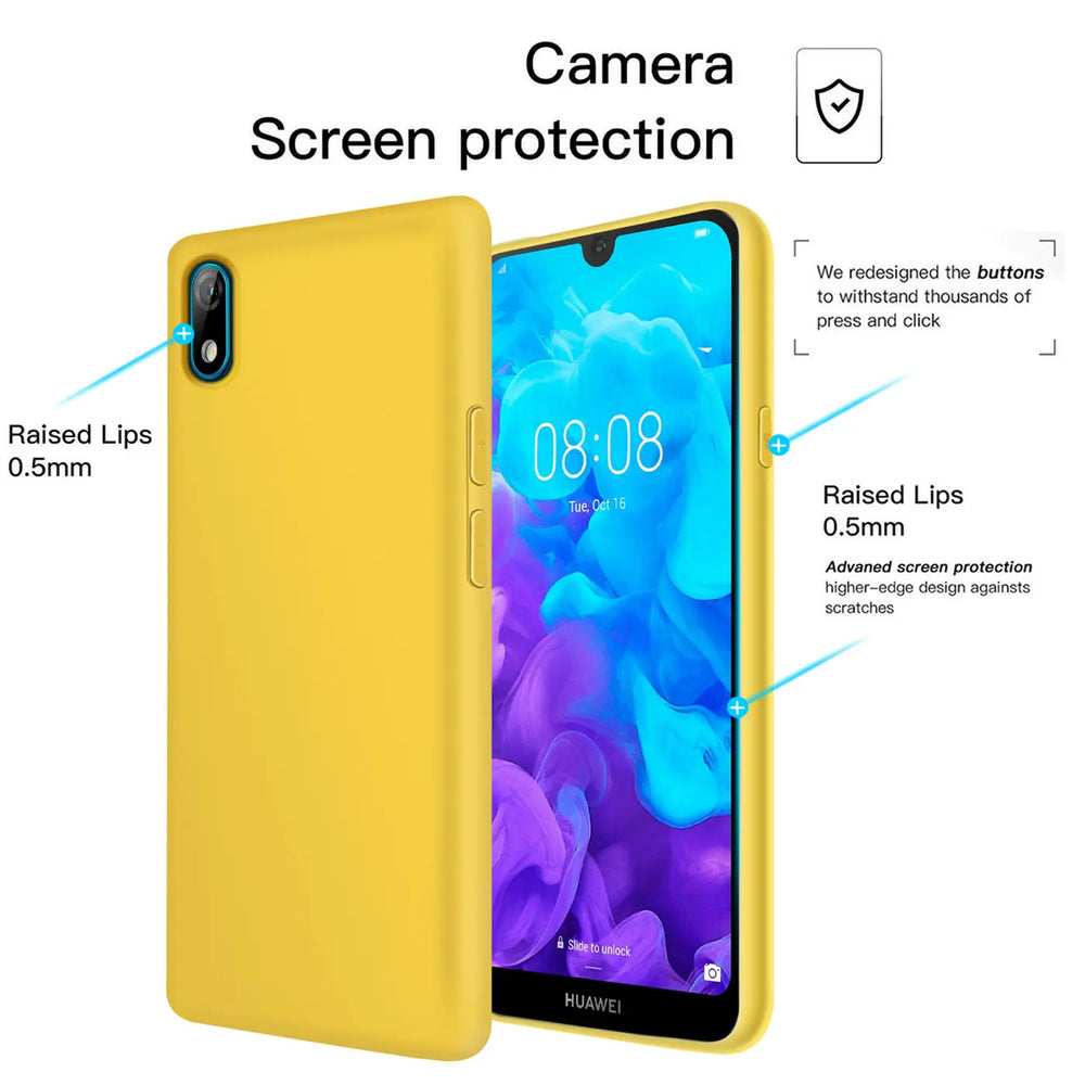 Gelbe Silikonhülle für Huawei Y5 2019, von vorne links gezeigt, mit aufgesetztem Smartphone.
