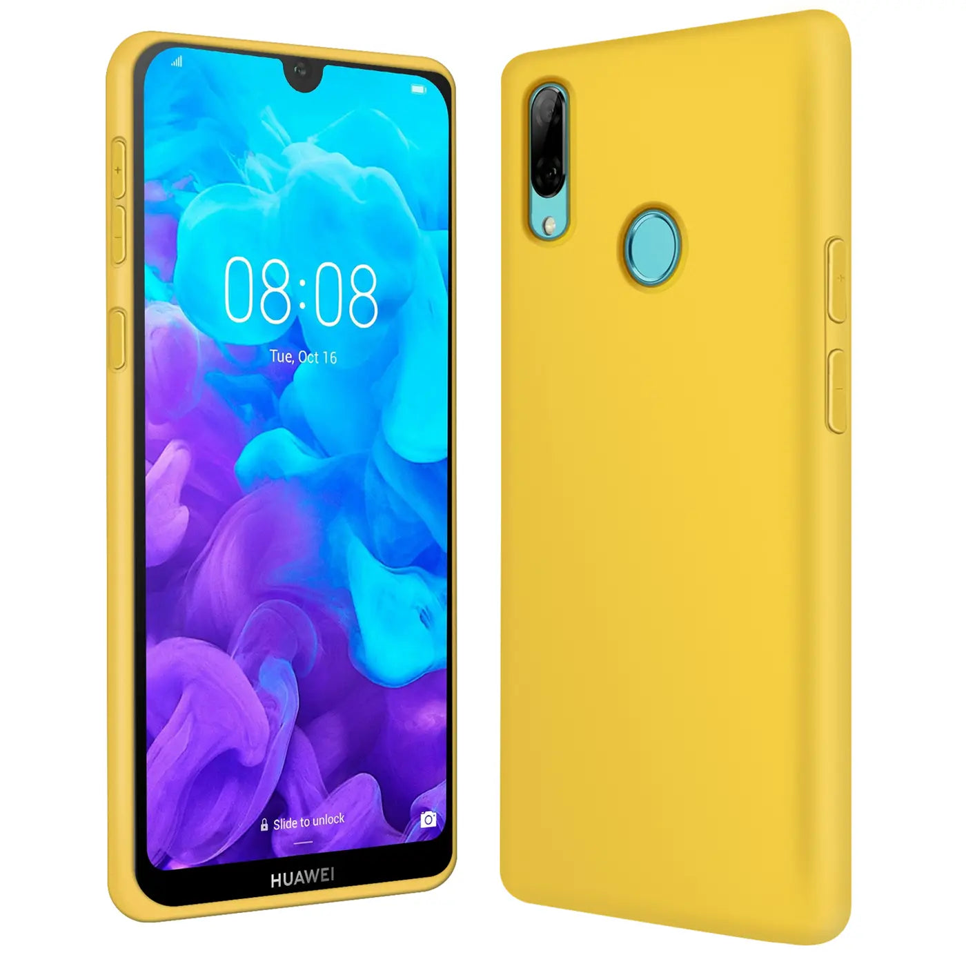Gelbe Silikonhülle für Huawei Y7 2019, Vorder- und Rückansicht.