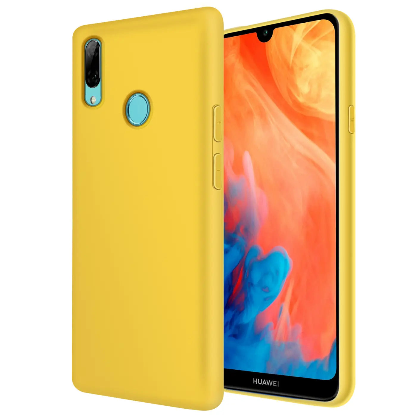 Gelbe Silikonhülle mit Mikrofaser-Innenfutter, seitliche Ansicht, zeigt Huawei Y7 2019.