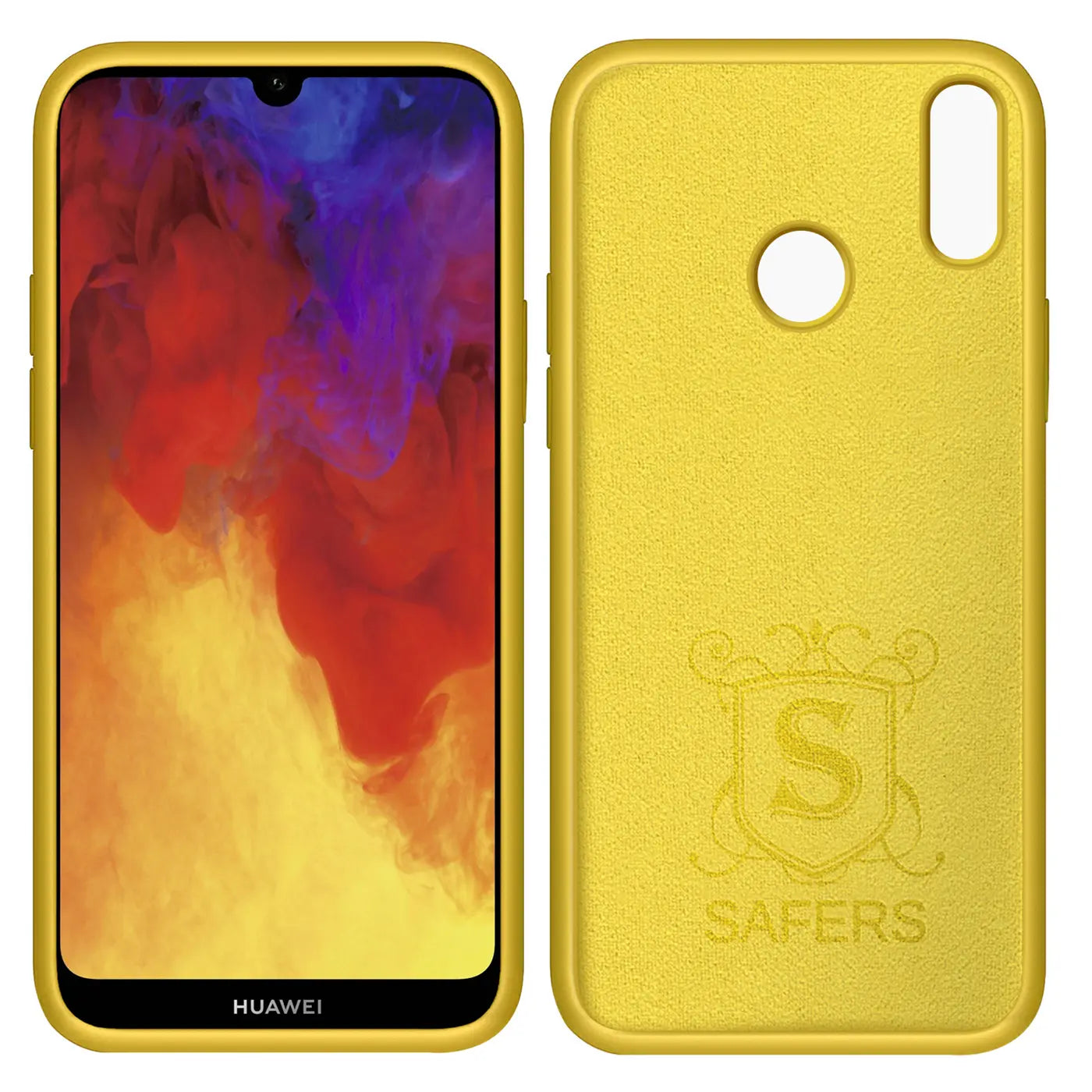 Gelbe Silikonhülle für Huawei Y7 2019, Vorder- und Rückansicht, Mikrofaser innen.
