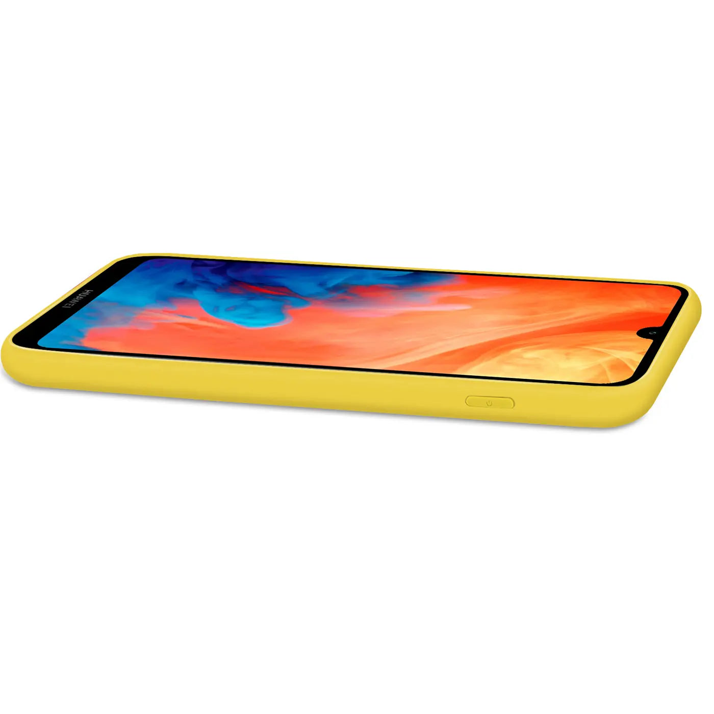 Gelbe Silikonhülle mit Mikrofaser-Innenfutter für Huawei Y7 2019, Seitenansicht.