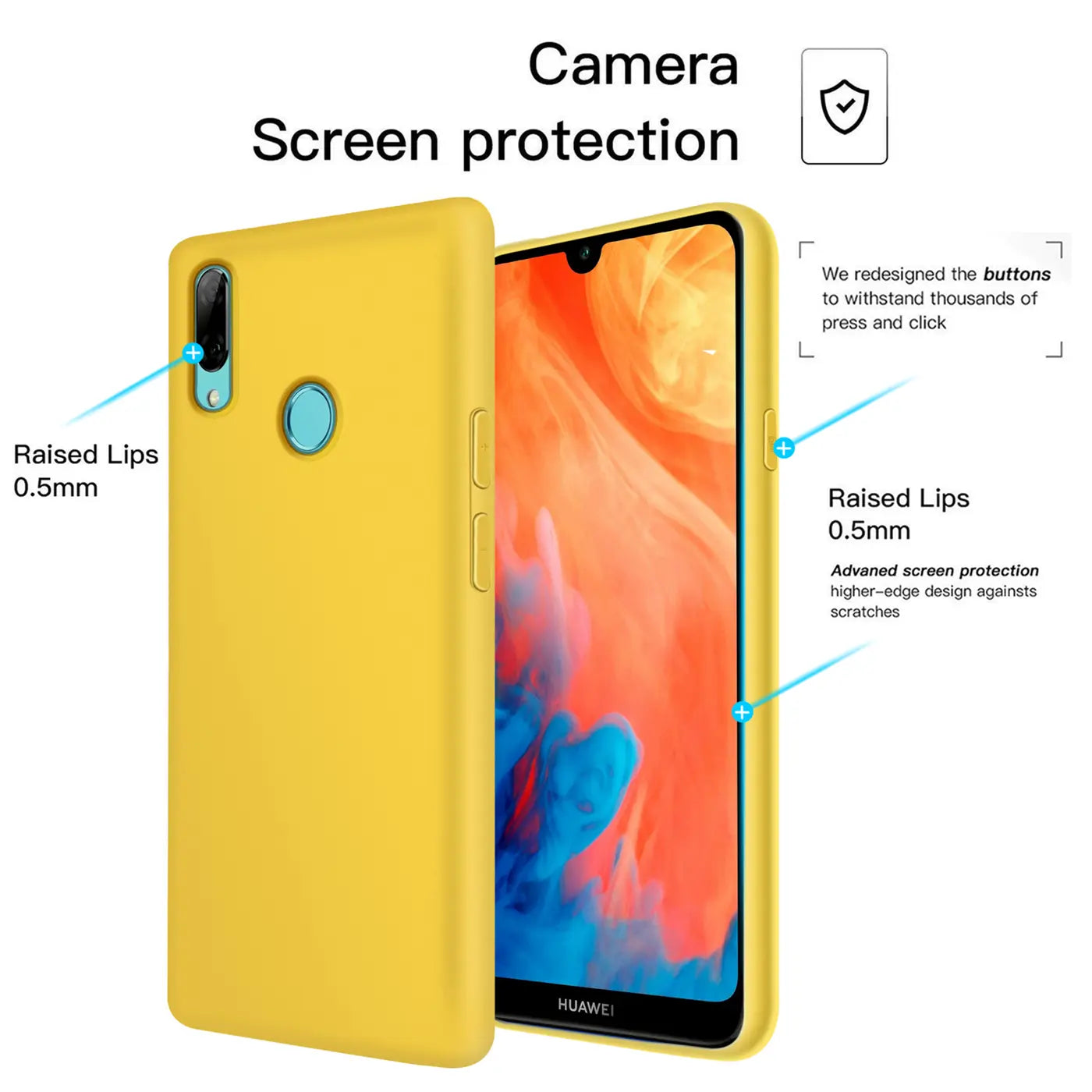 Gelbe Silikonhülle mit Mikrofaser-Innenfutter, zeigt Huawei Y7 2019.
