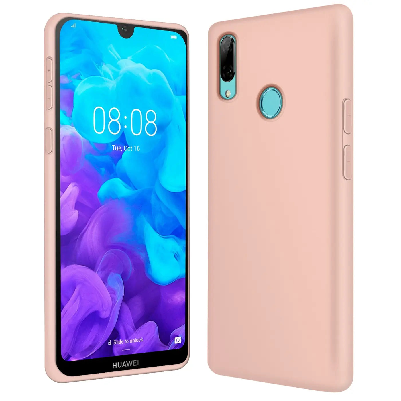 Rosa Silikonhülle für Huawei Y7 2019, von hinten und vorne gezeigt.