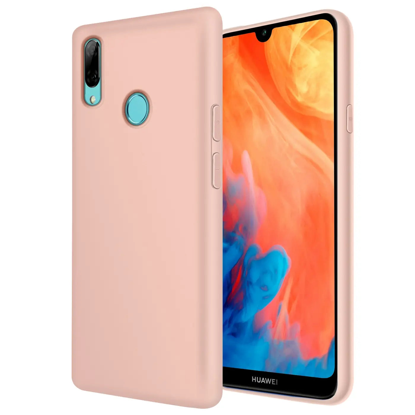 Rosa Silikonhülle für Huawei Y7 2019, von vorne links, mit Blick auf die Rückseite und das Display.