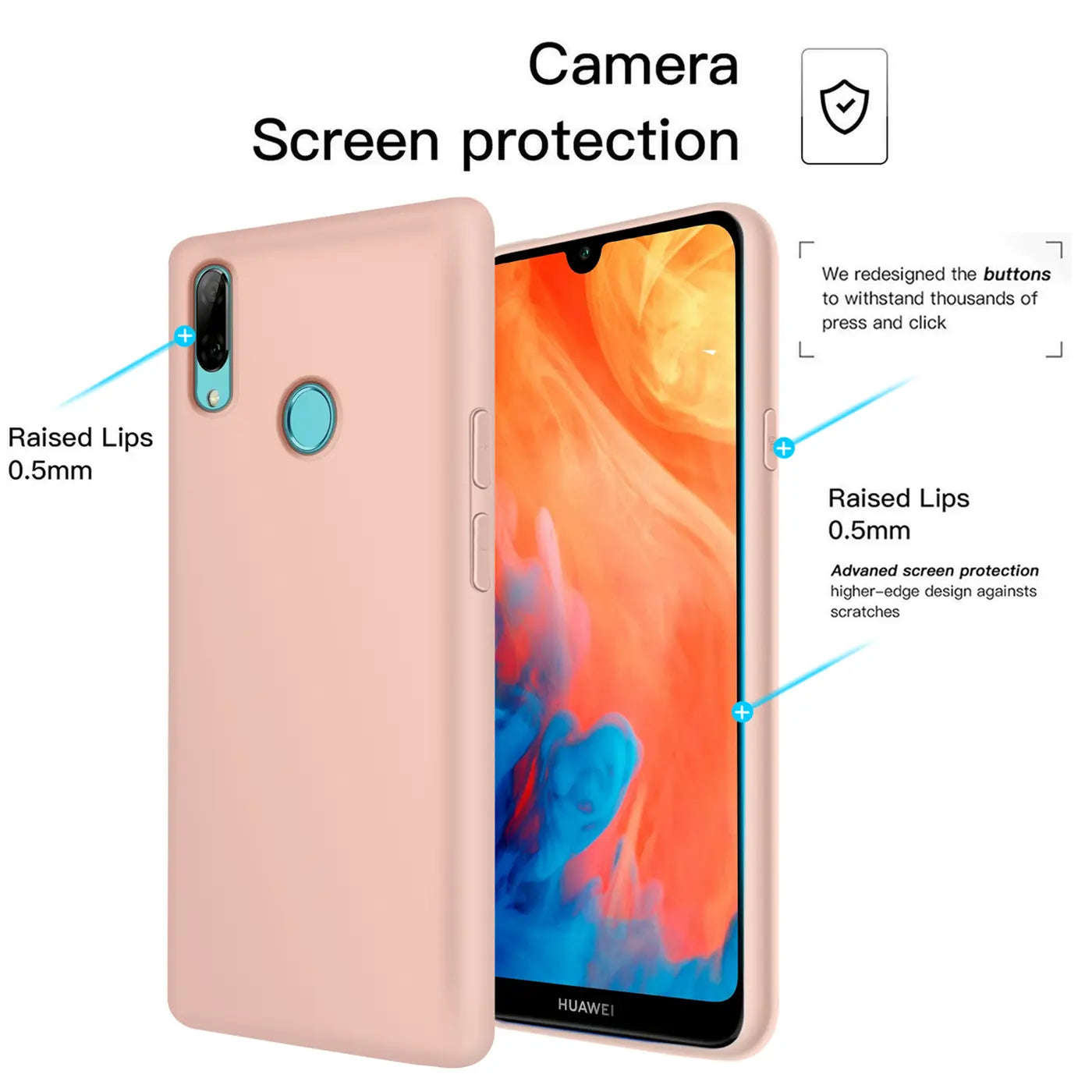 Rosa Silikonhülle mit Mikrofaser-Innenfutter für Huawei Y7 2019, Seitenansicht.