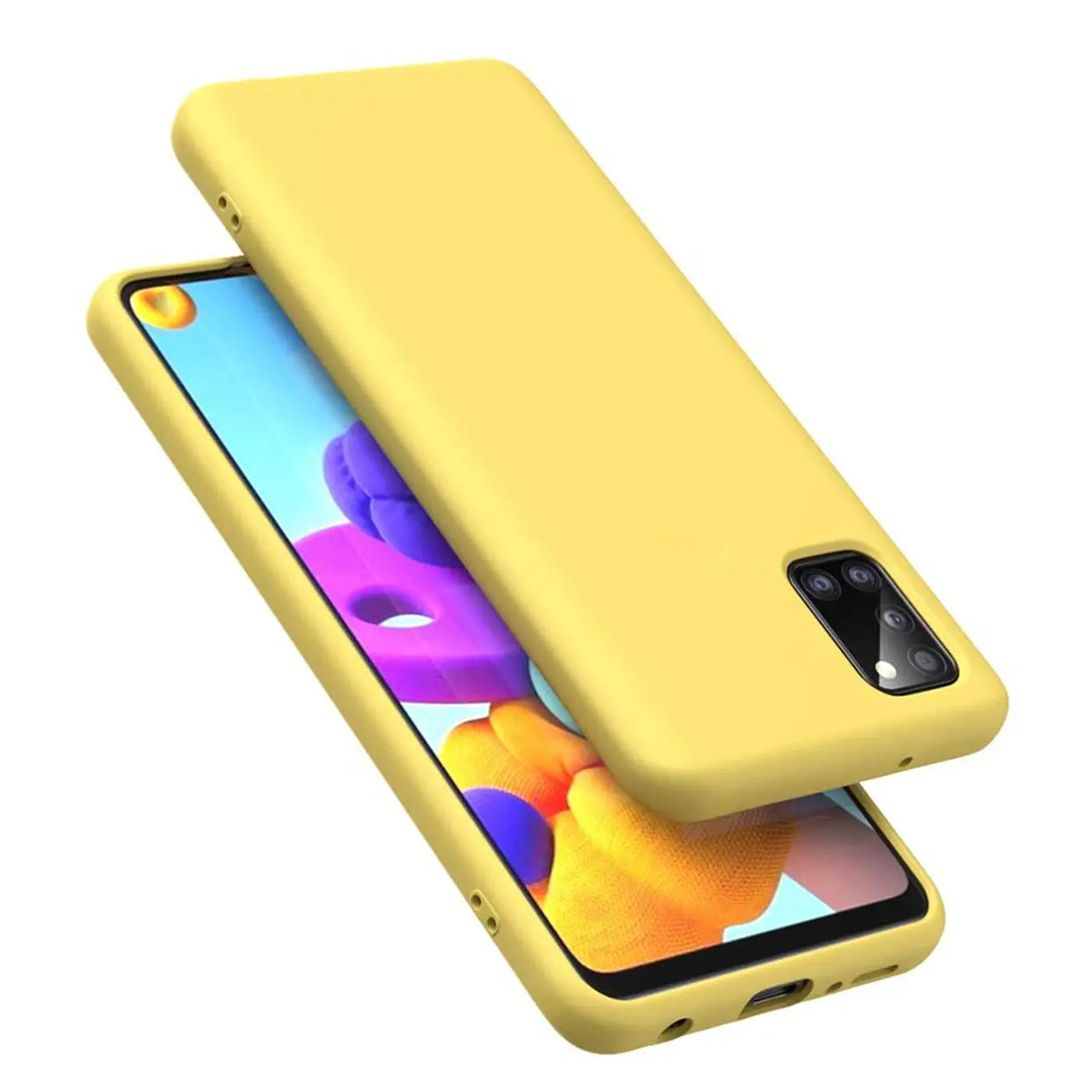 Gelbe Silikonhülle für Samsung Galaxy A03s, von schräg oben fotografiert.