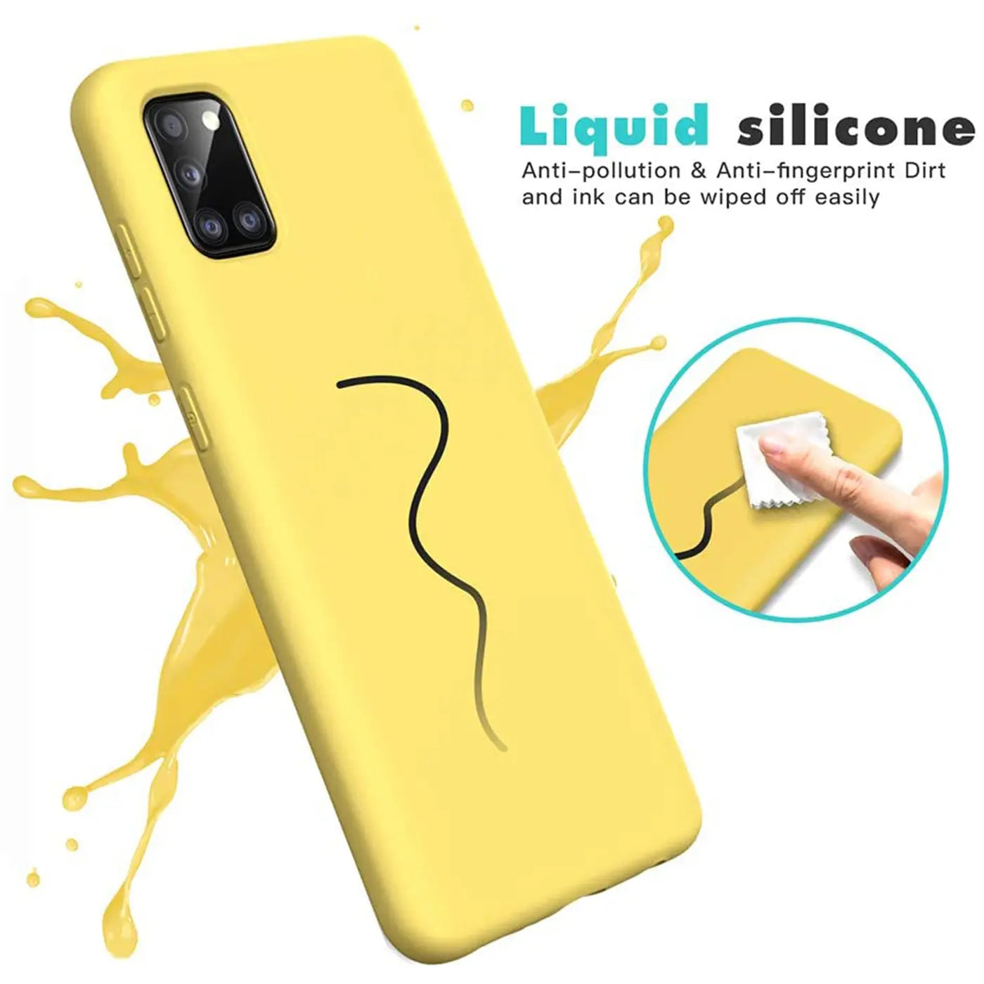 Gelbe Silikonhülle für Samsung Galaxy A03s, von schräg oben, mit schwarzer Linie.