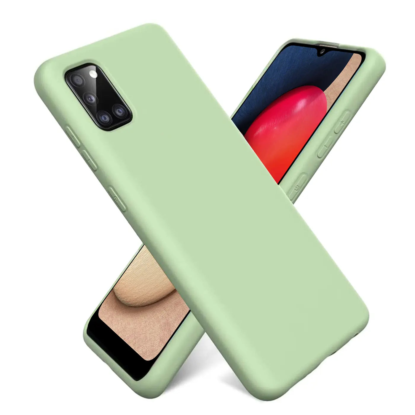 Hellgrüne Silikonhülle für Samsung Galaxy A03s, von schräg oben, mit Mikrofaser-Innenfutter.
