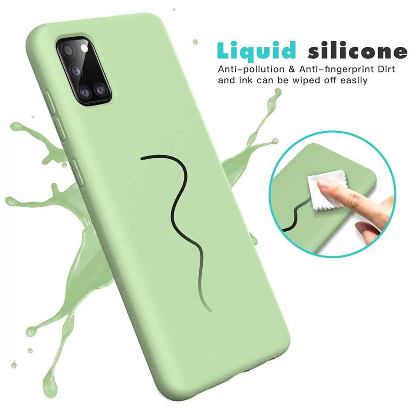 Helle grüne Silikonhülle mit Mikrofaser-Innenfutter, die auf einem Samsung Galaxy A03s sitzt.