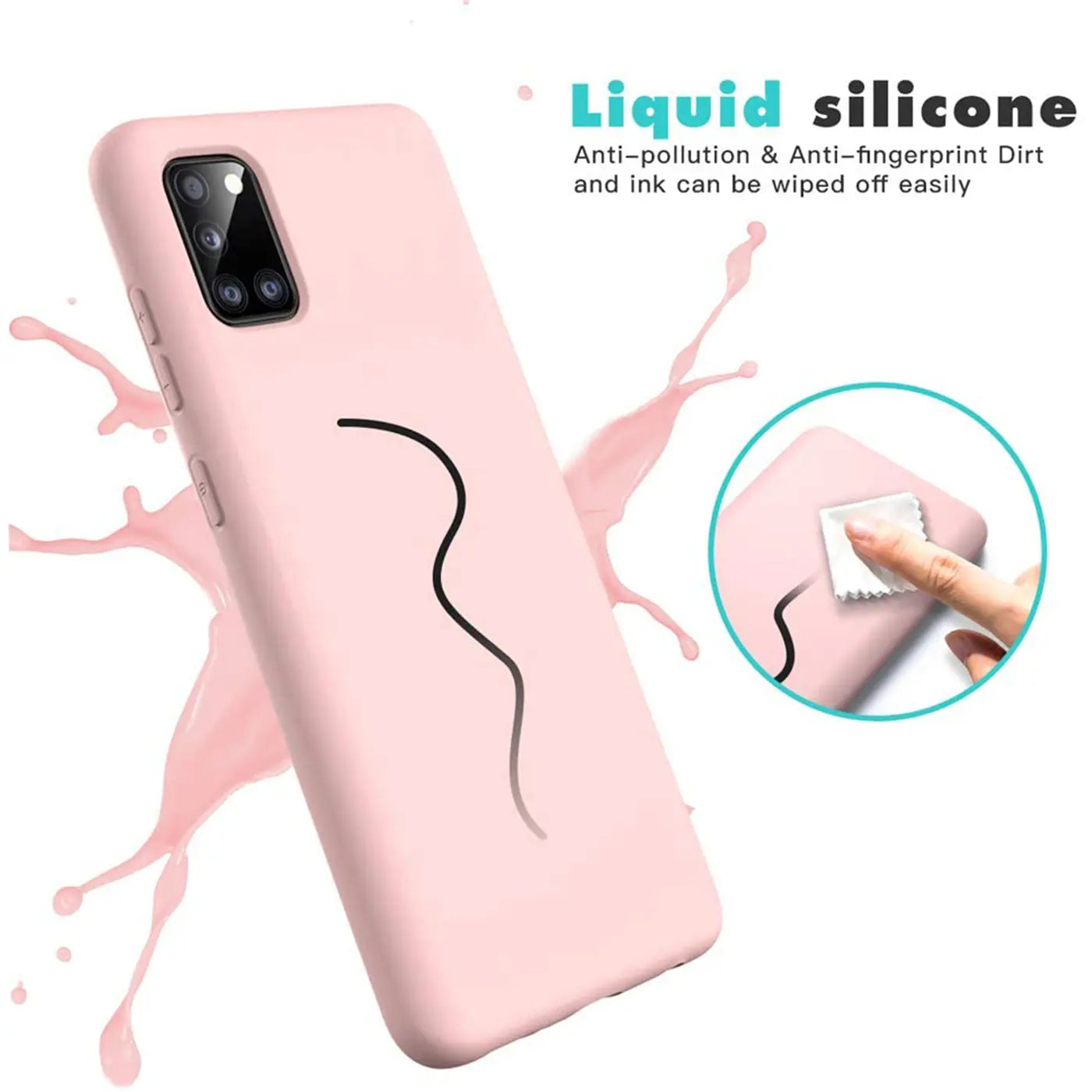 Rosa Silikonhülle für Samsung Galaxy A03s, von vorne links, mit schwarzer Linie.