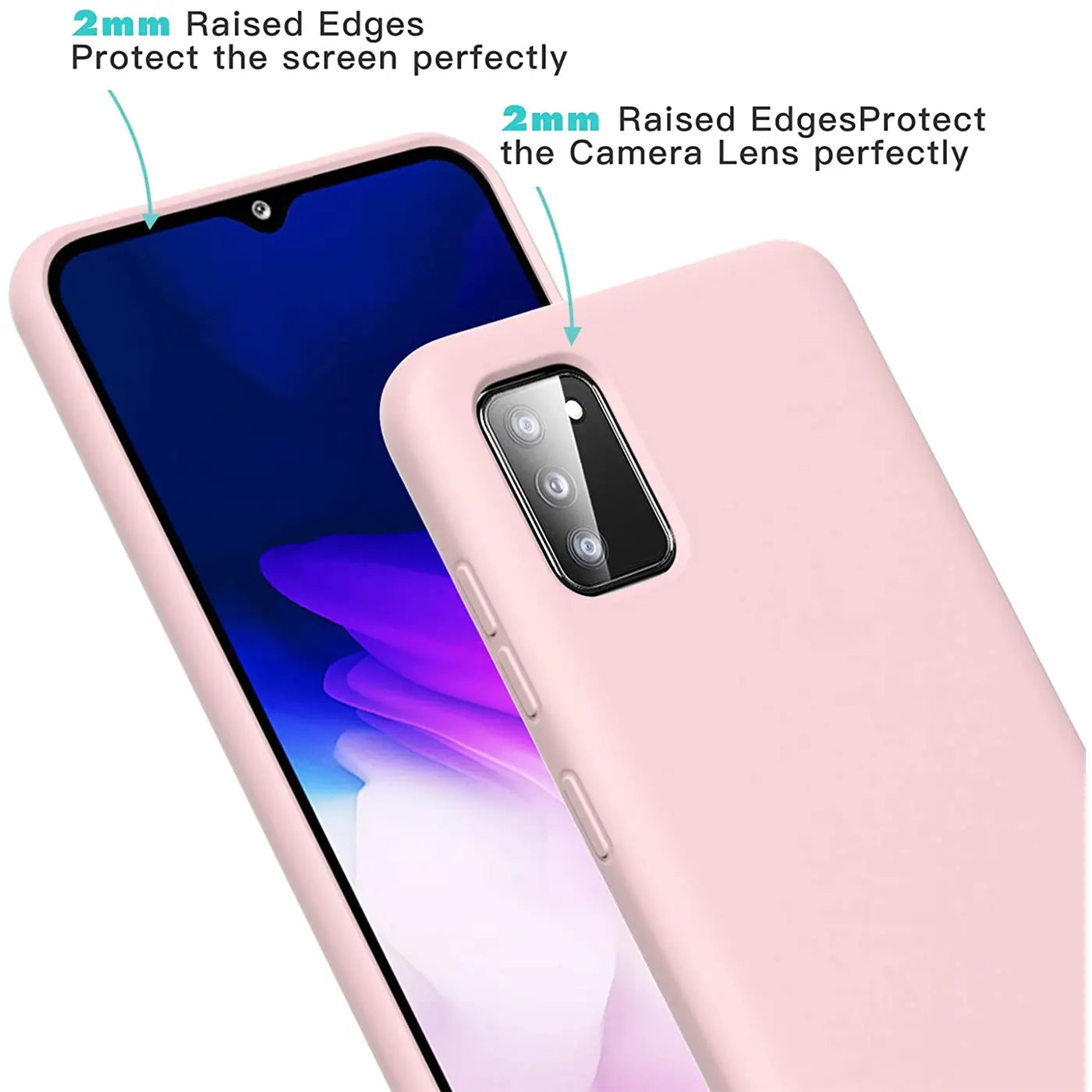 Rosa Silikonhülle für Samsung Galaxy A03s, von schräg oben, zeigt Kamera und Bildschirm.