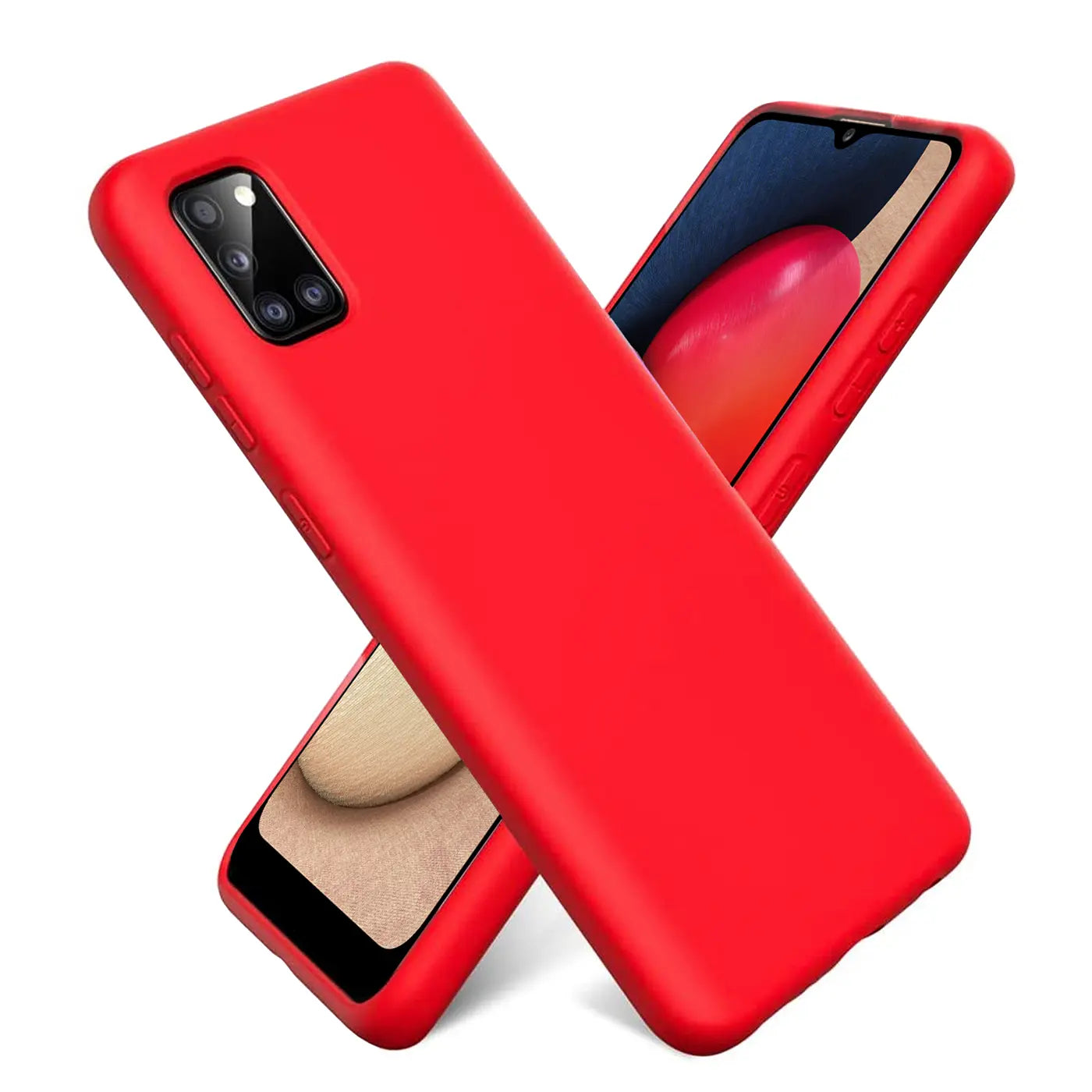 Rote Silikonhülle für Samsung Galaxy A03s, von schräg oben, Mikrofaser-Innenfutter.
