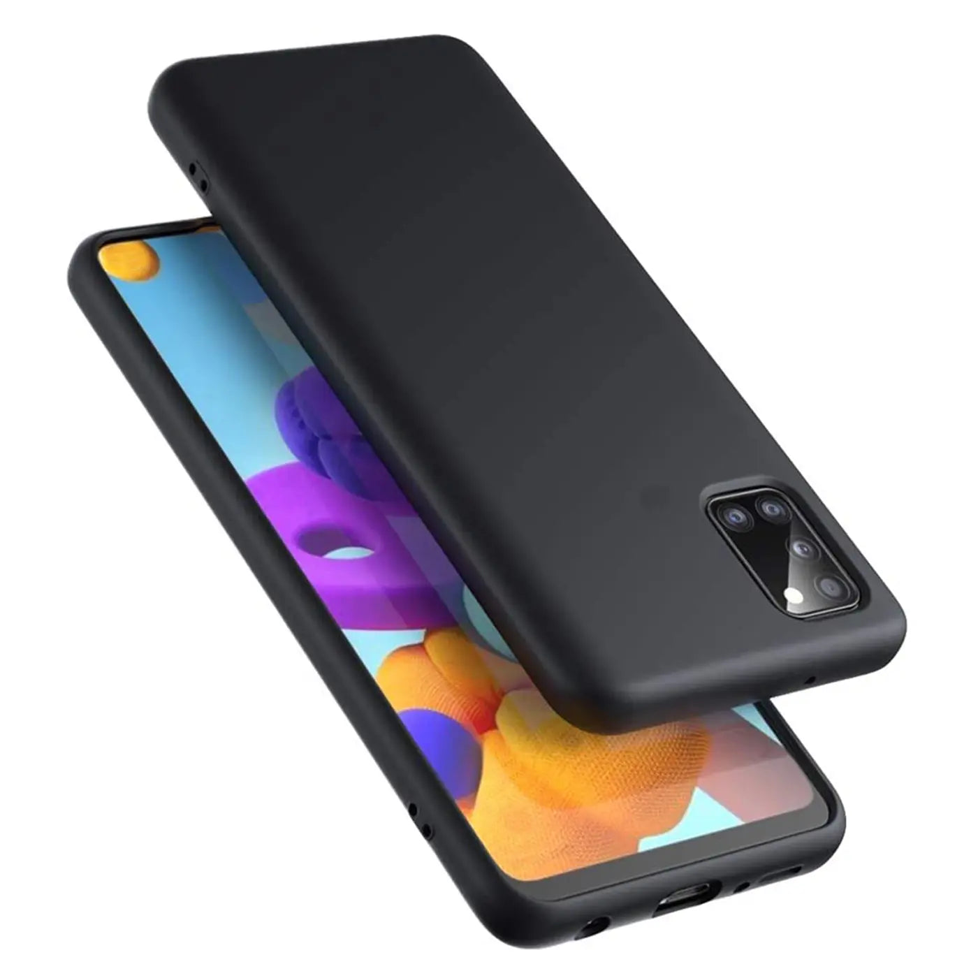 Schwarze Silikonhülle für Samsung Galaxy A03s, von oben schräg fotografiert.