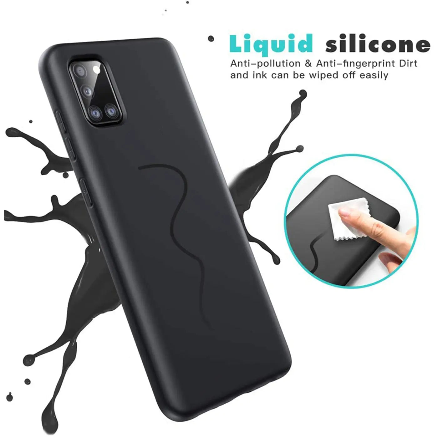 Schwarze Silikonhülle für Samsung Galaxy A03s, von schräg oben, mit schwarzer Flüssigkeitsspritzern.