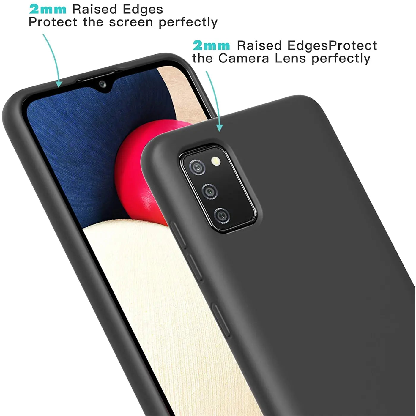 Schwarze Silikonhülle auf Samsung Galaxy A03s, Rückansicht, leicht schräg.