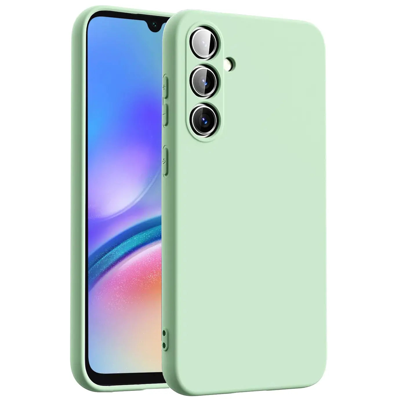 Helle mintgrüne Silikonhülle, Rückansicht, Samsung Galaxy A05s.