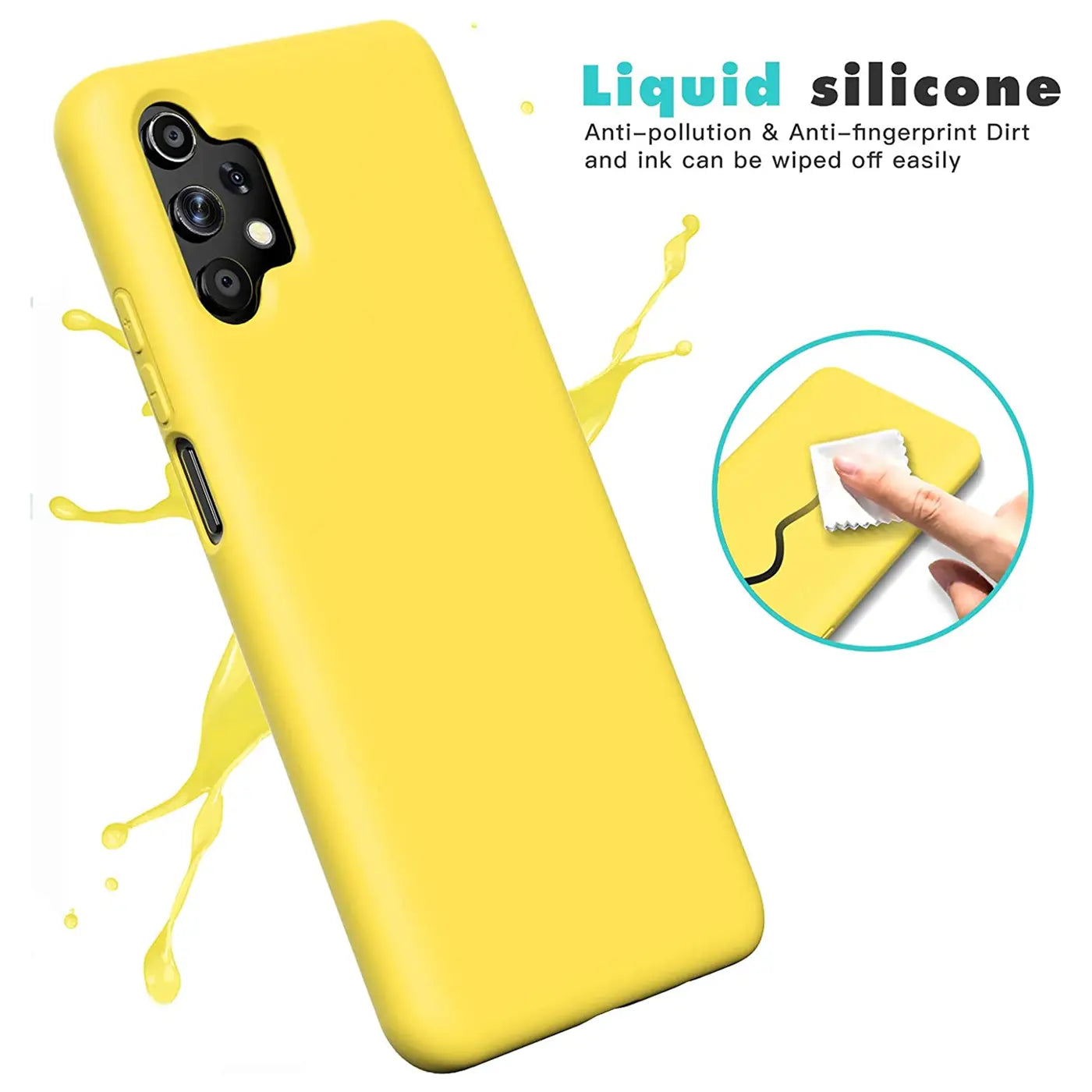 Gelbe Silikonhülle für Samsung Galaxy A13 4G, von schräg oben, mit Spritzern.