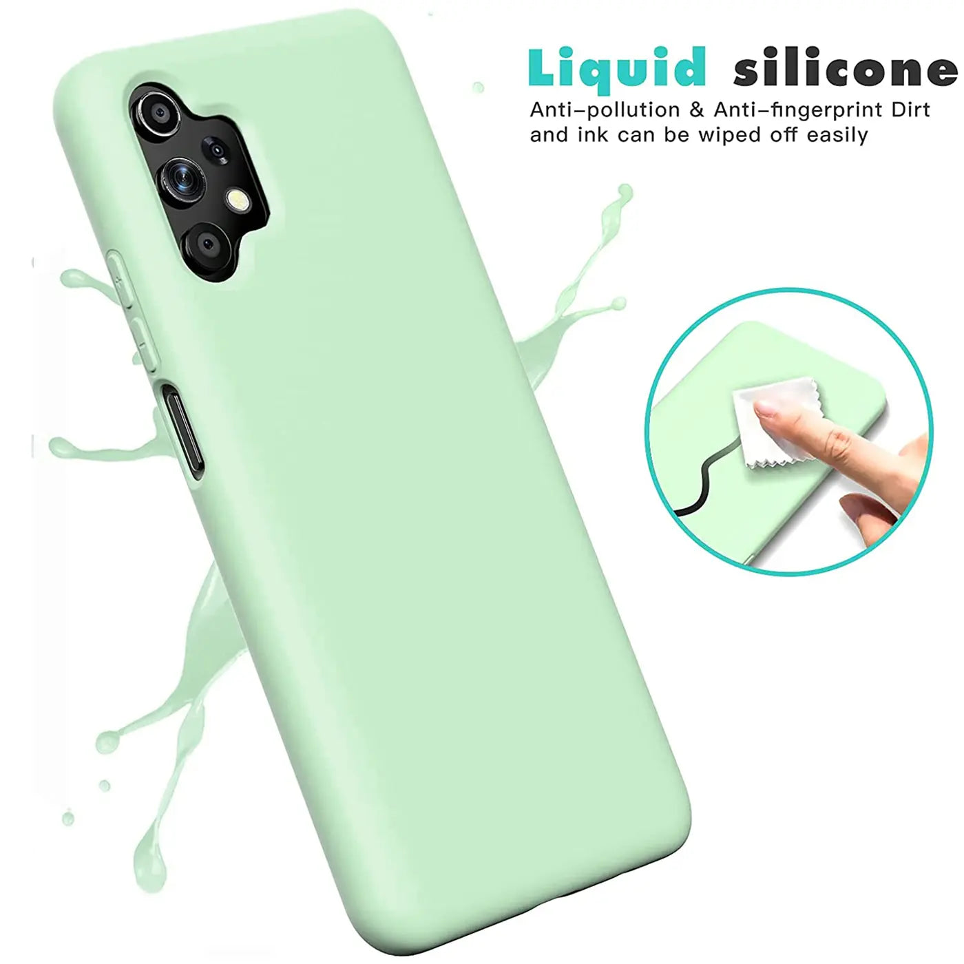 Helle mintgrüne Silikonhülle für Samsung Galaxy A13 4G, von schräg oben fotografiert.