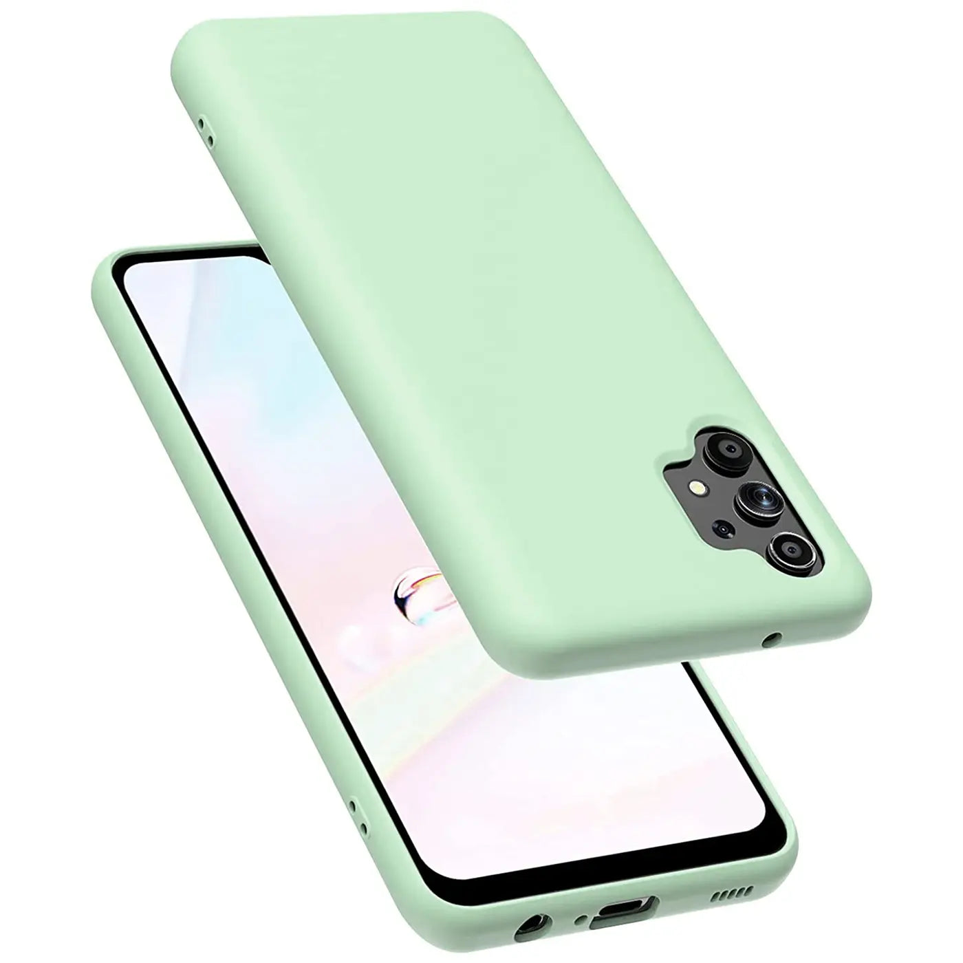 Hellgrüne Silikonhülle für Samsung Galaxy A13 4G, von schräg oben, Rückseite sichtbar.