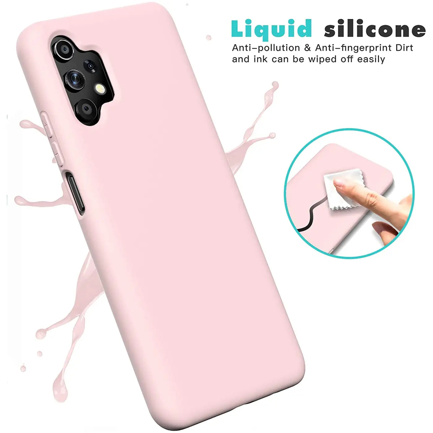 Rosa Silikonhülle für Samsung Galaxy A13 4G, von schräg oben, mit Spritzern.