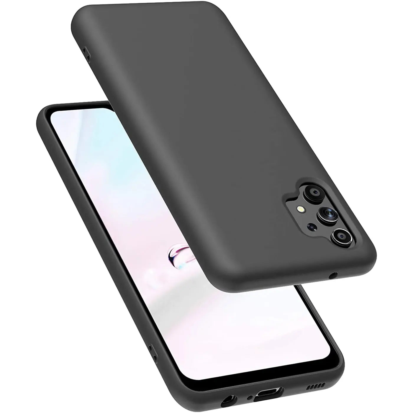 Graue Silikonhülle auf Samsung Galaxy A13 4G, von oben schräg fotografiert.