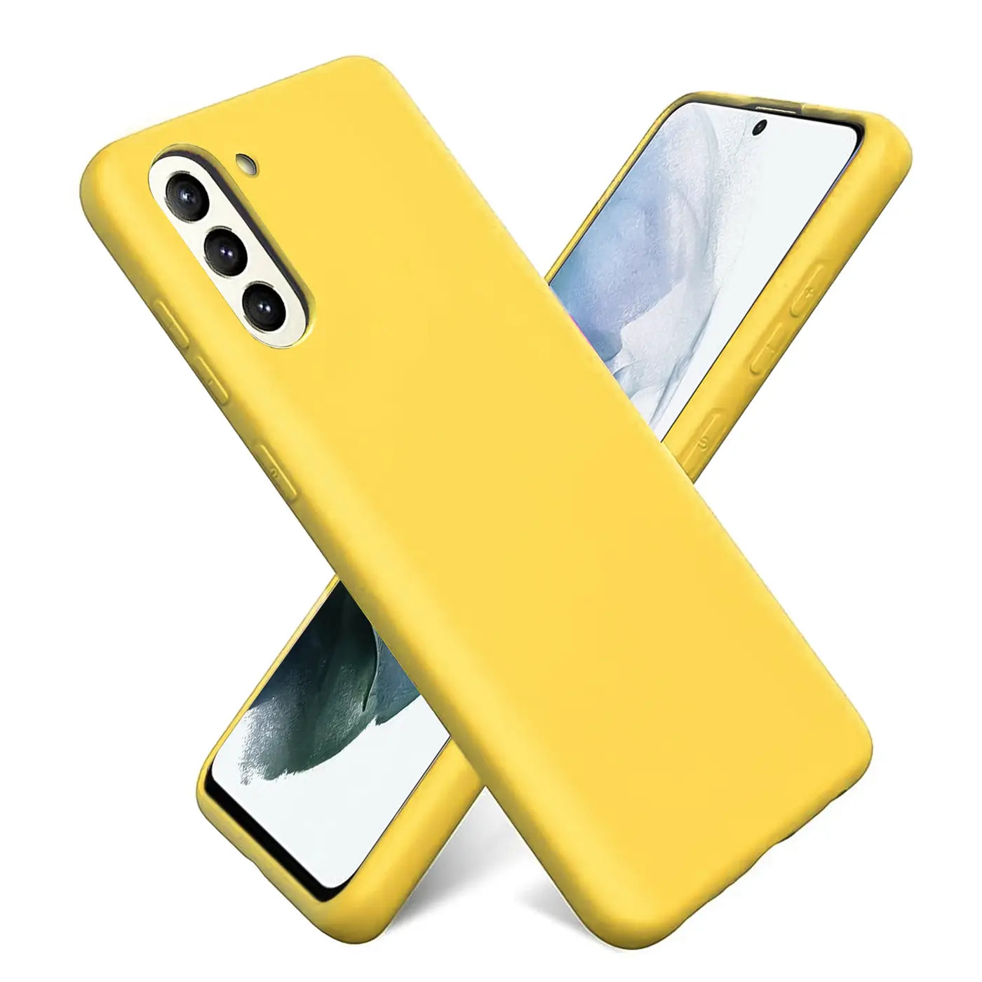 Gelbe Silikonhülle mit Mikrofaser-Innenfutter, schräg von vorne, zeigt Samsung Galaxy A13 5G / A04s.