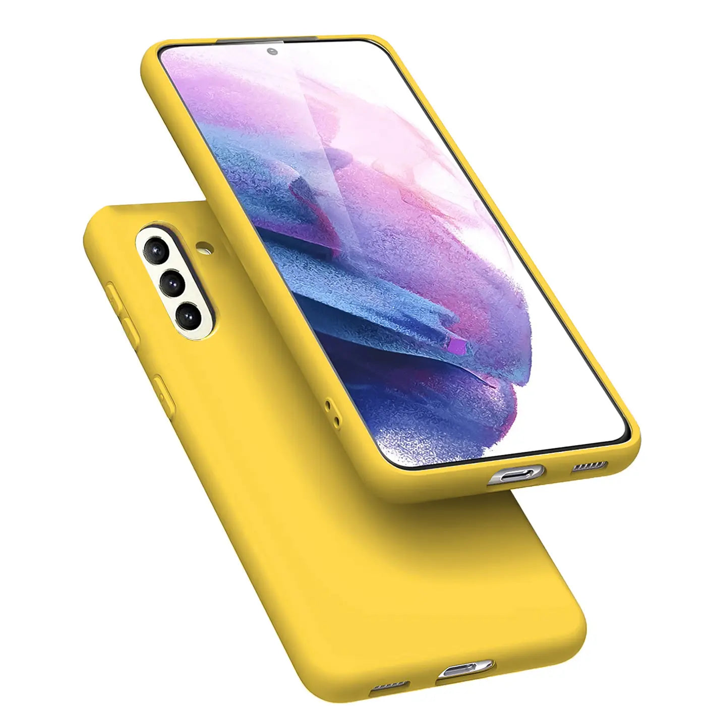 Gelbe Silikonhülle mit Mikrofaser-Innenfutter, schräg von oben, zeigt Samsung Galaxy A13 5G/A04s.