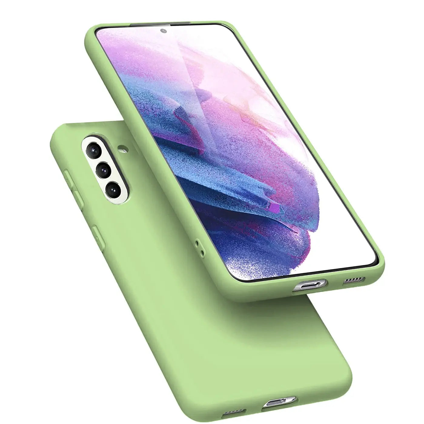 Grüne Silikonhülle mit Mikrofaser-Innenfutter, Vorder- und Rückansicht, für Samsung Galaxy A13 5G / A04s.