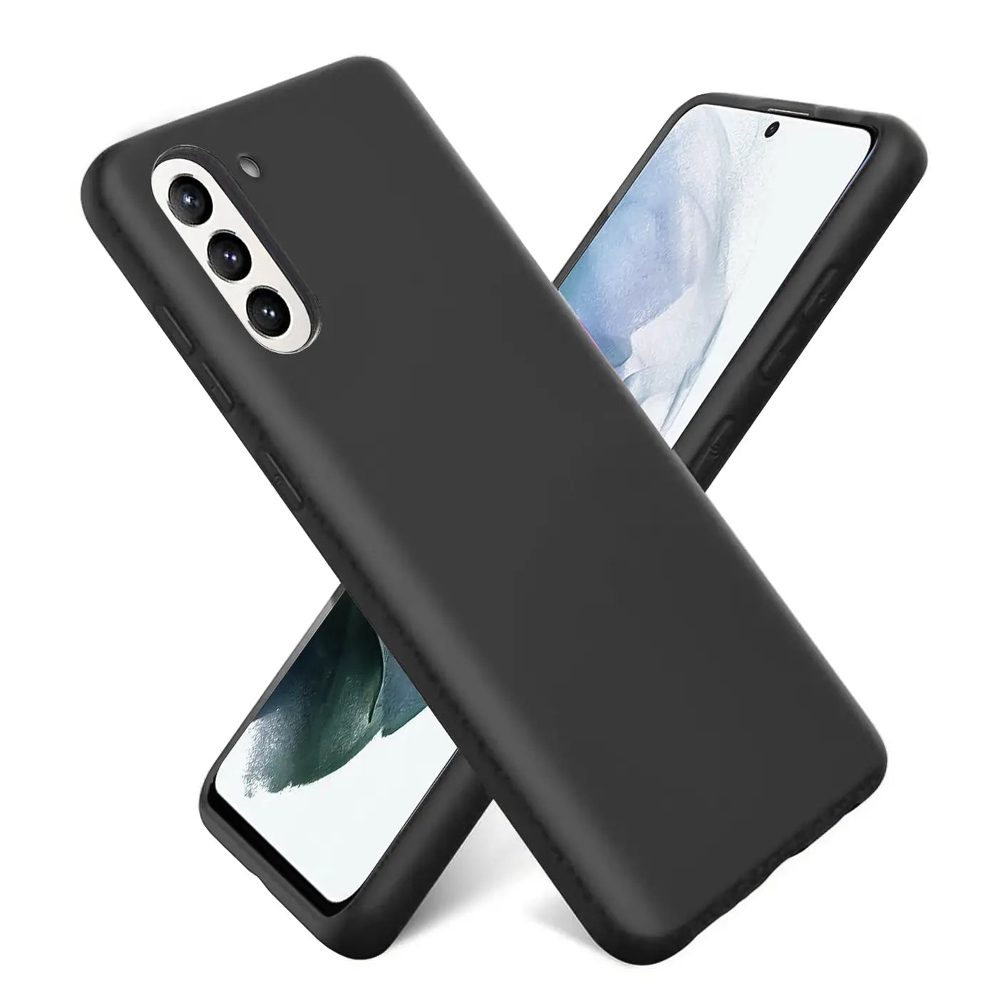 Schwarze Silikonhülle für Samsung Galaxy A13 5G / A04s, von schräg oben fotografiert.