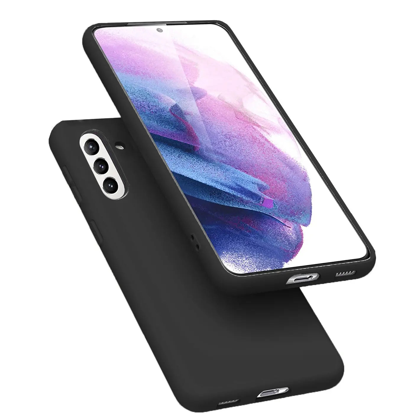 Schwarze Silikonhülle mit Mikrofaserfutter, schräg von oben, zeigt Samsung Galaxy A13 5G/A04s.