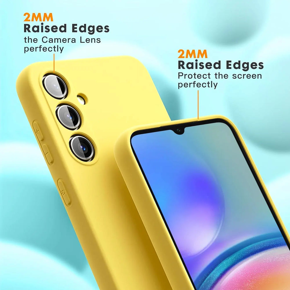 Gelbe Silikonhülle für Samsung Galaxy A16 5G, Nahaufnahme, Vorder- und Rückseite