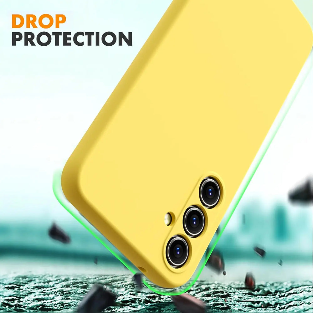 Gelbe Silikonhülle für Samsung Galaxy A16 5G, Nahaufnahme von hinten, von schräg oben