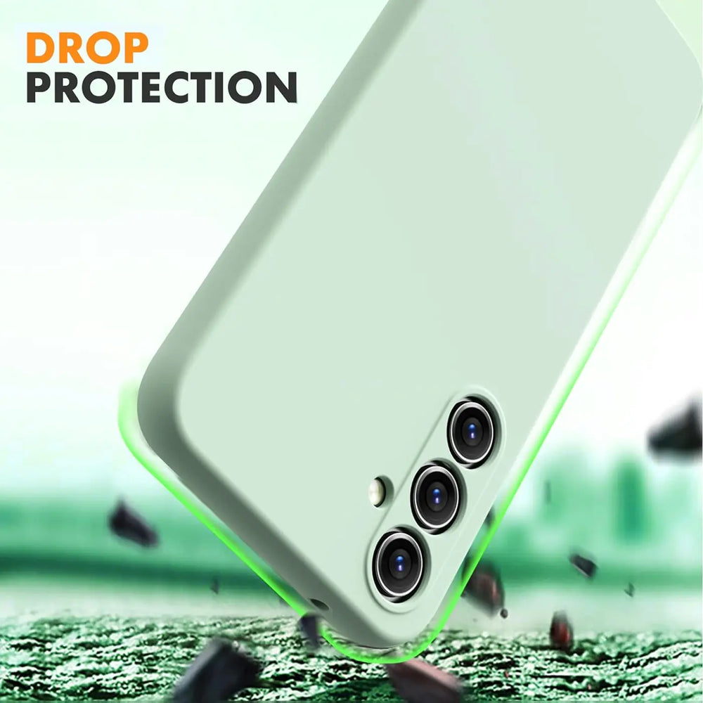Helle Minzgrüne Silikonhülle für Samsung Galaxy A16 5G, Rückansicht, Nahaufnahme.