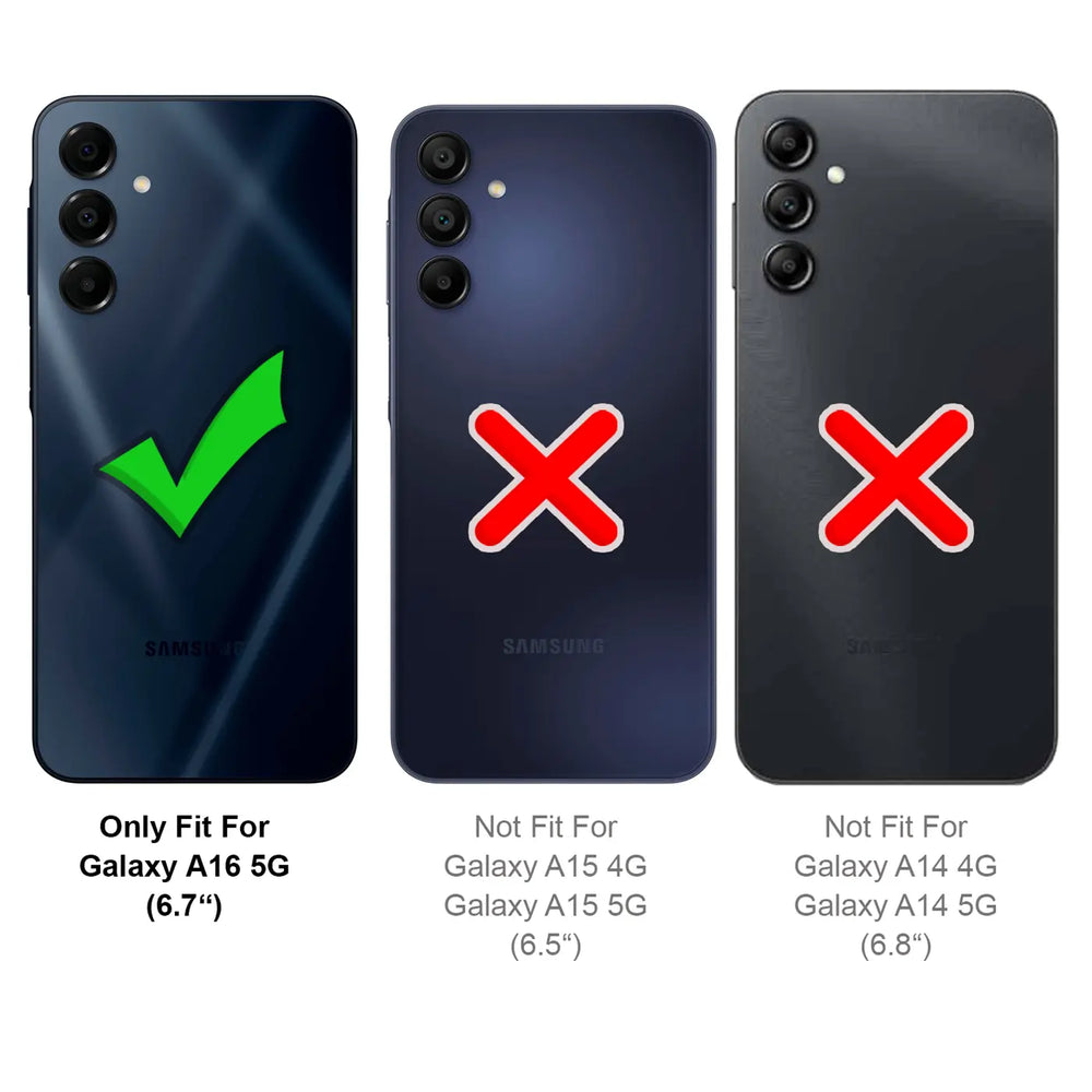 Rückseite Samsung Galaxy A16 5G, grüner Haken. Links Samsung Galaxy A15 4G/5G, rotes Kreuz.
