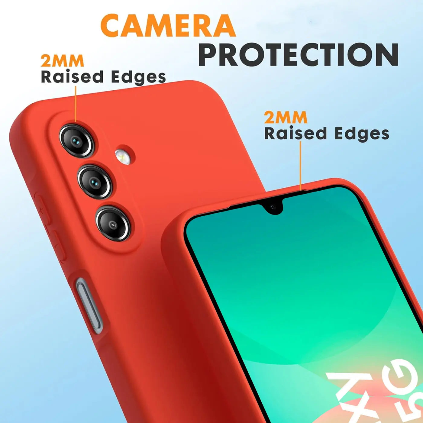 Rote Silikonhülle für Samsung Galaxy A17 5G, Nahaufnahme, Rückseite und Bildschirm.