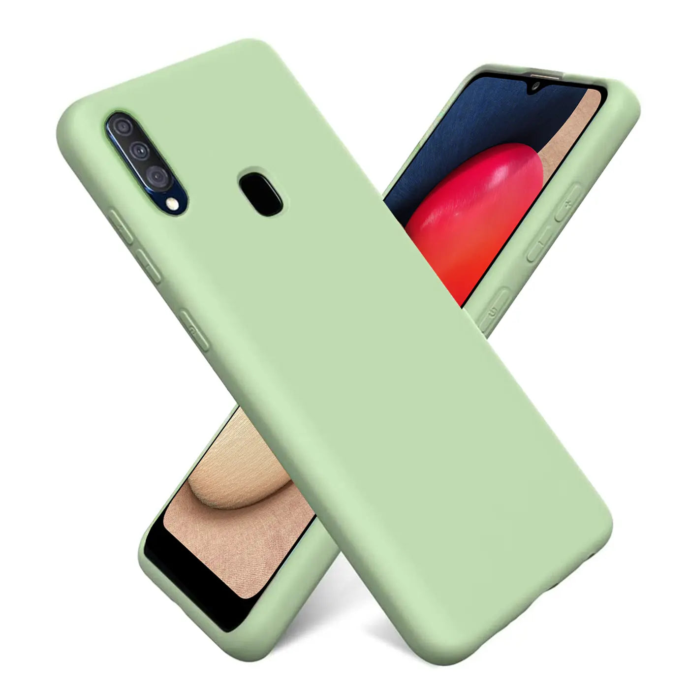 Hellgrüne Silikonhülle für Samsung Galaxy A20s, von schräg oben, mit Mikrofaser-Innenfutter.